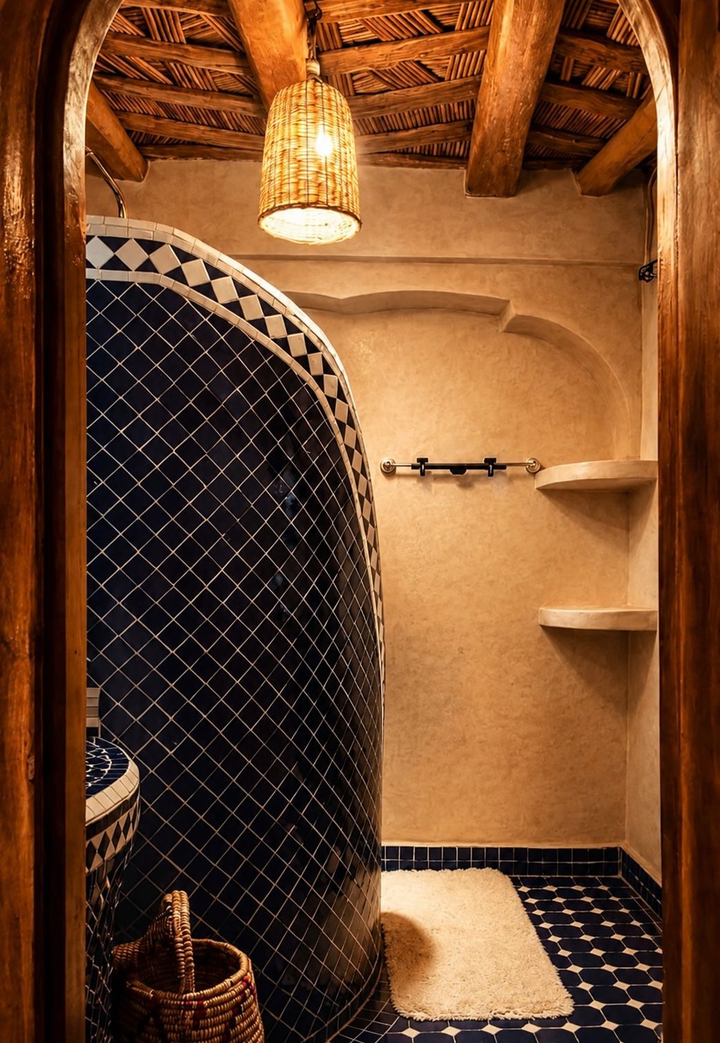 A bathroom with a tiled floor, a hanging light fixture, and a wooden ceiling.