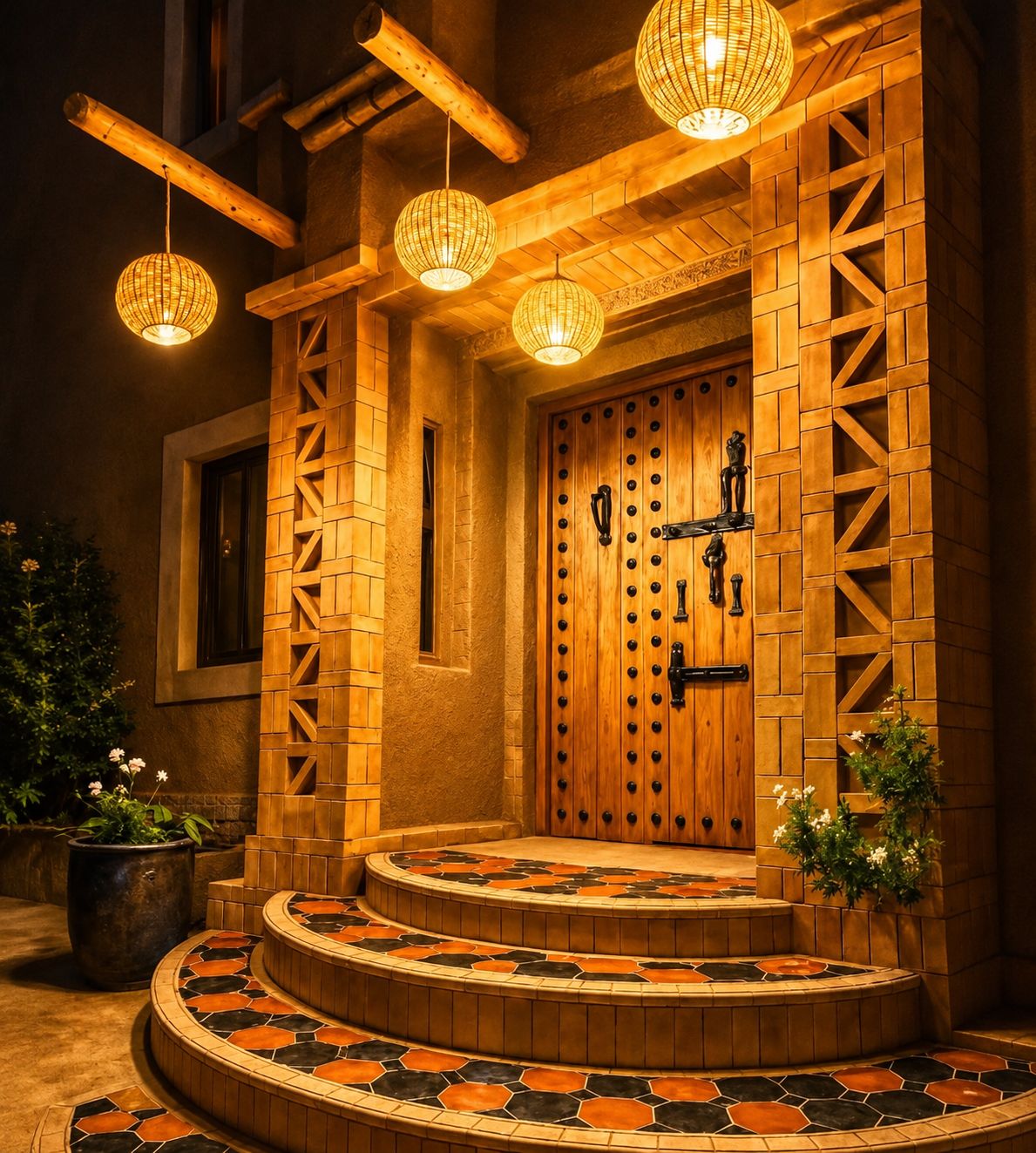 Entrada de um edifício de madeira, com um lance de escadas que levam a uma porta, tudo envolto num chão de azulejos com padrão geométrico.