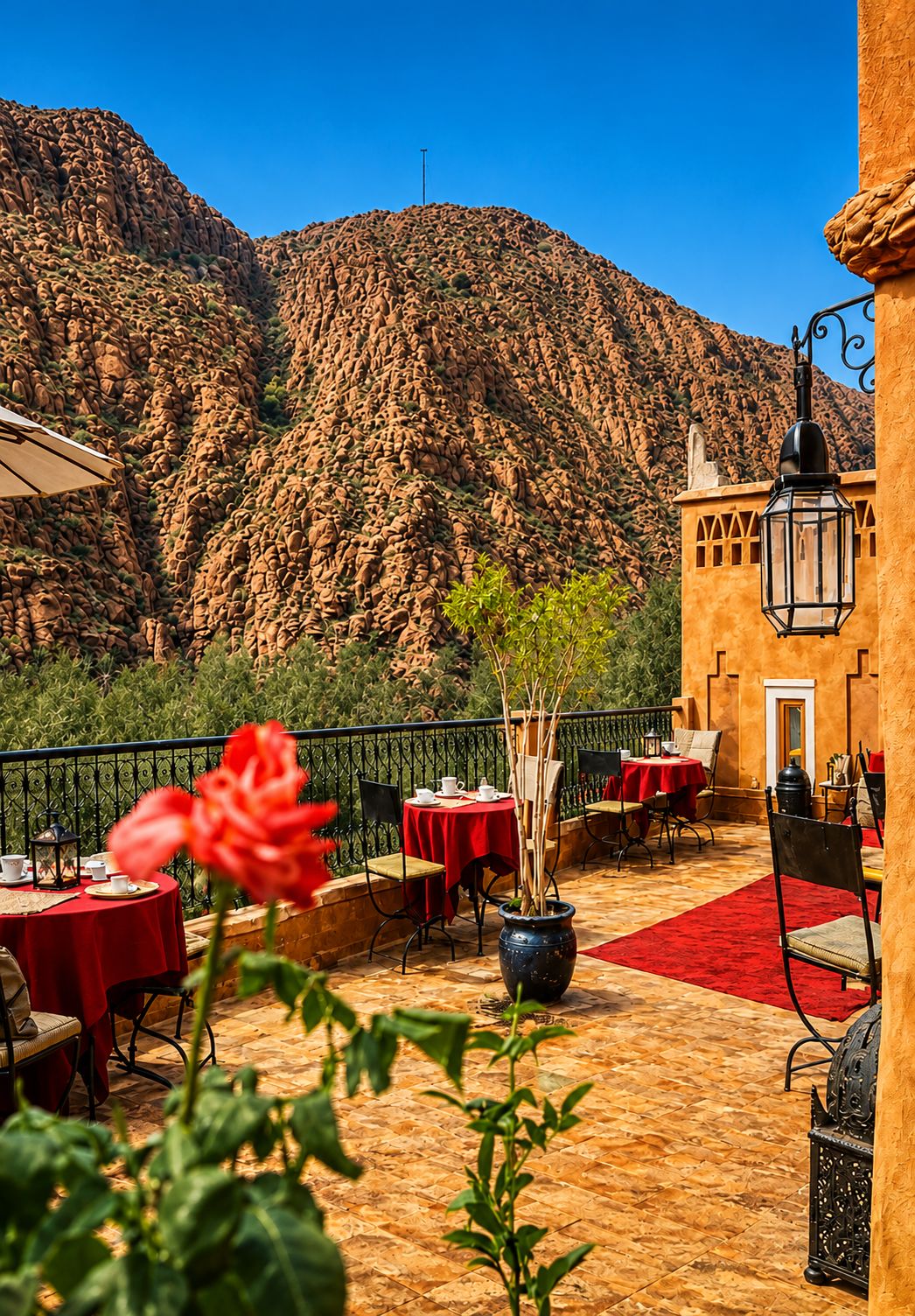 An outdoor dining area with tables and chairs, a red carpet, and a mountainous backdrop.