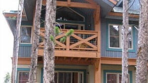 Une cabane en rondins à plusieurs étages, dotée de fondations en pierre, de balcons en bois et de grandes fenêtres.