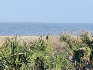 On the beach, sun-loungers
