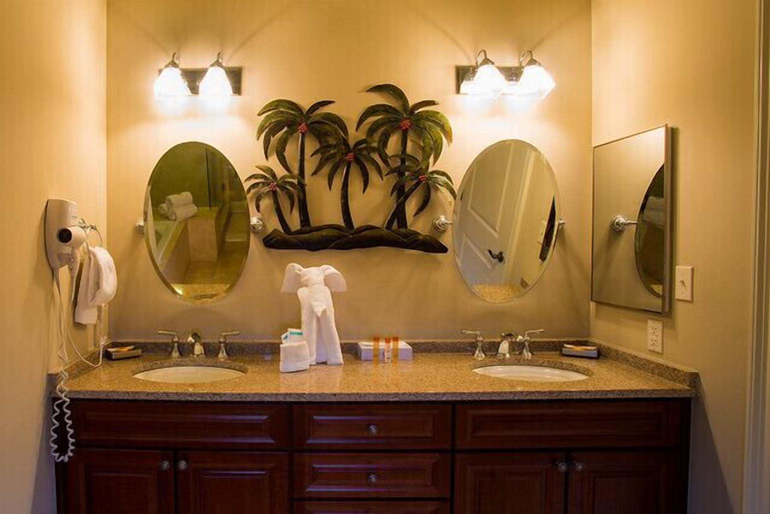 Une salle de bain avec deux lavabos, un porte-serviettes, un sèche-cheveux et une étagère décorative pour les plantes.