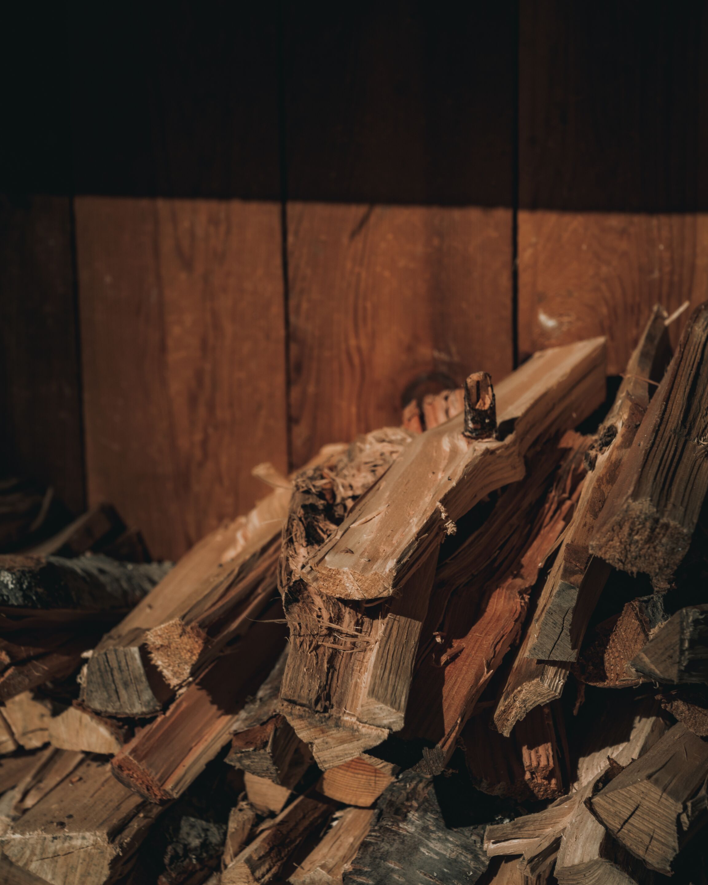 A stack of firewood in a wooden room.