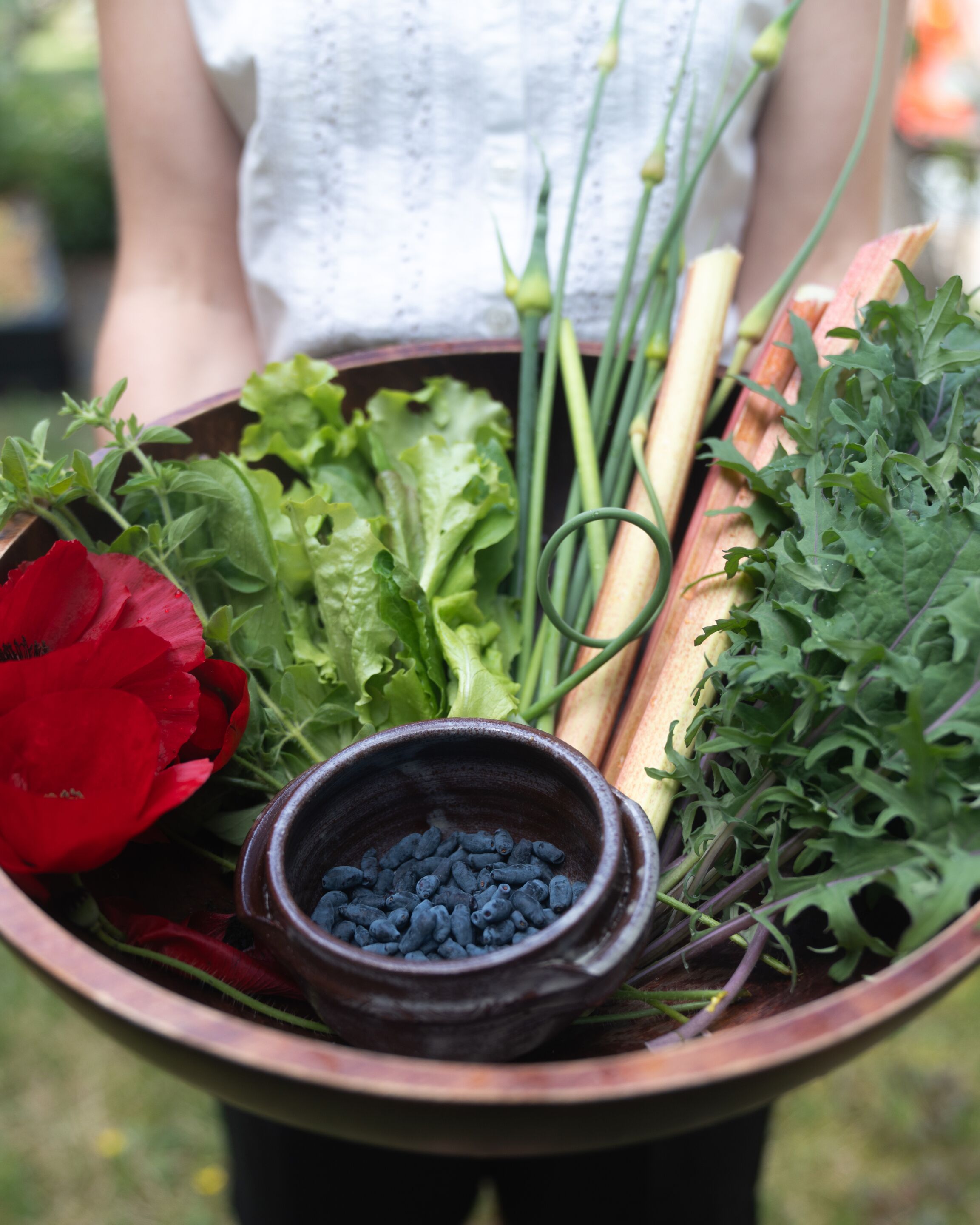 A bowl containing various vegetables and a small bowl of blueberries.