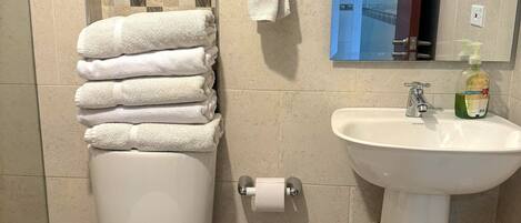 A bathroom with a toilet, a sink, a mirror, and a trash bin.