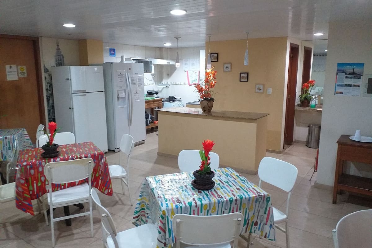 Fridge, microwave, toaster, cookware/dishes/utensils