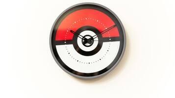 A circular clock with a red and white face, black hands, and a black center.