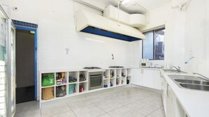 A modern kitchen with white cabinets, a built-in oven, and a stainless steel sink. - Hump Backpackers (Potts Point)