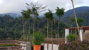 A terrace with a view of a forested mountain range, a large orange planter, and a wooden pergola. - ETM Midhill Private Studio Room (Genting Highlands)