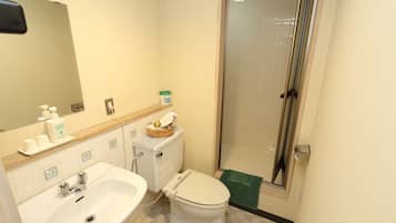 Shower, free toiletries, hair dryer, slippers