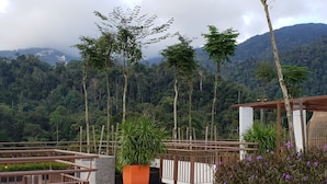 A terrace with a view of a forested mountain range, a large orange planter, and a wooden pergola.