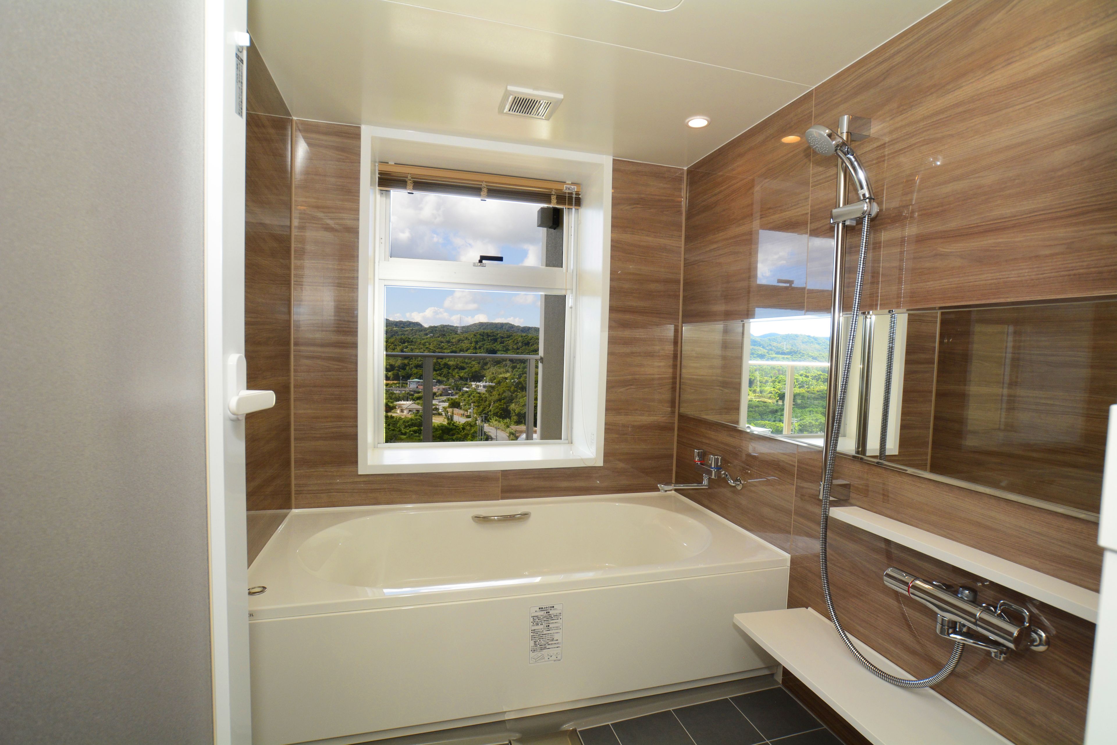 separate bathtub and shower, deep-soaking bathtub, rainfall showerhead