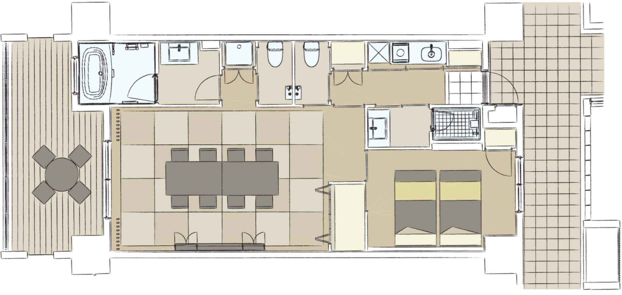Plano de planta de un hotel que muestra un comedor, una cocina, un baño y una pequeña zona de estar exterior.