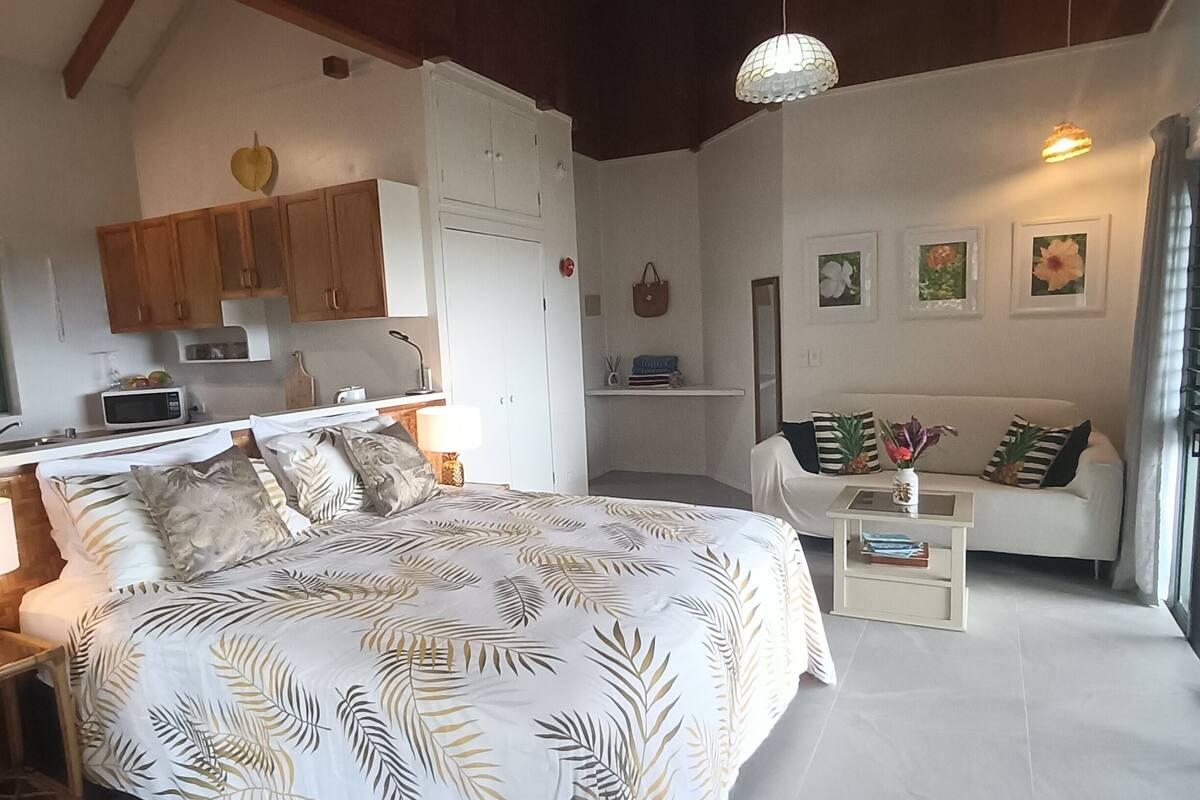 A bedroom with a large bed, a ceiling fan, a kitchenette, a sofa, and a dining table.