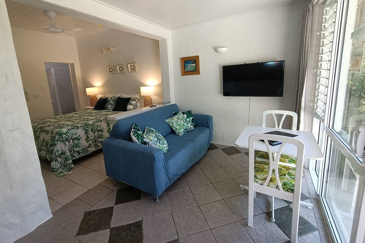 A room with a bed, a blue sofa, a TV, and a window with blinds.