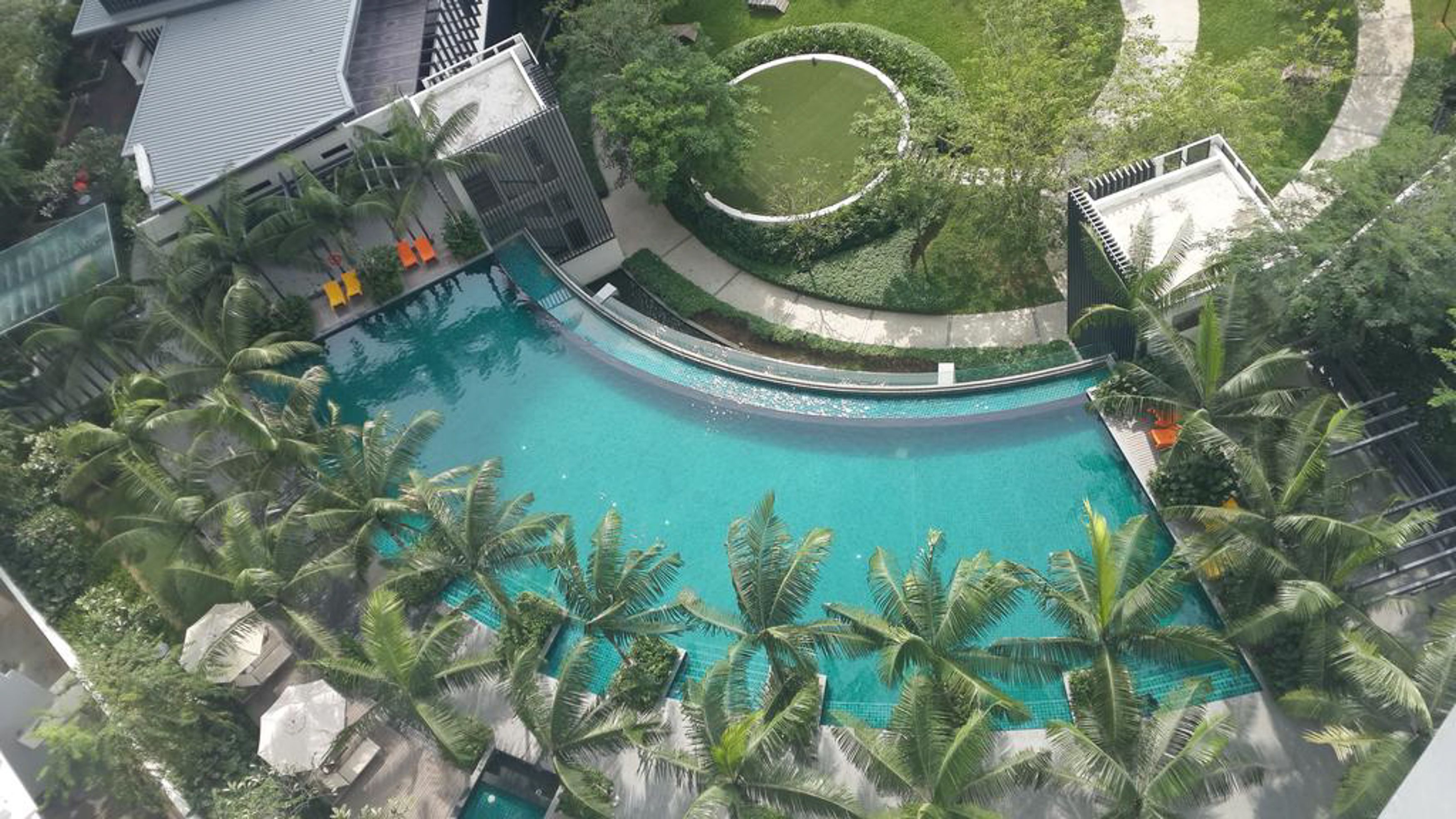 Uma piscina grande e sinuosa, rodeada por palmeiras e um jardim bem cuidado.