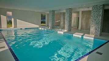 Indoor pool, open 9:00 AM to 10:00 PM, sun loungers