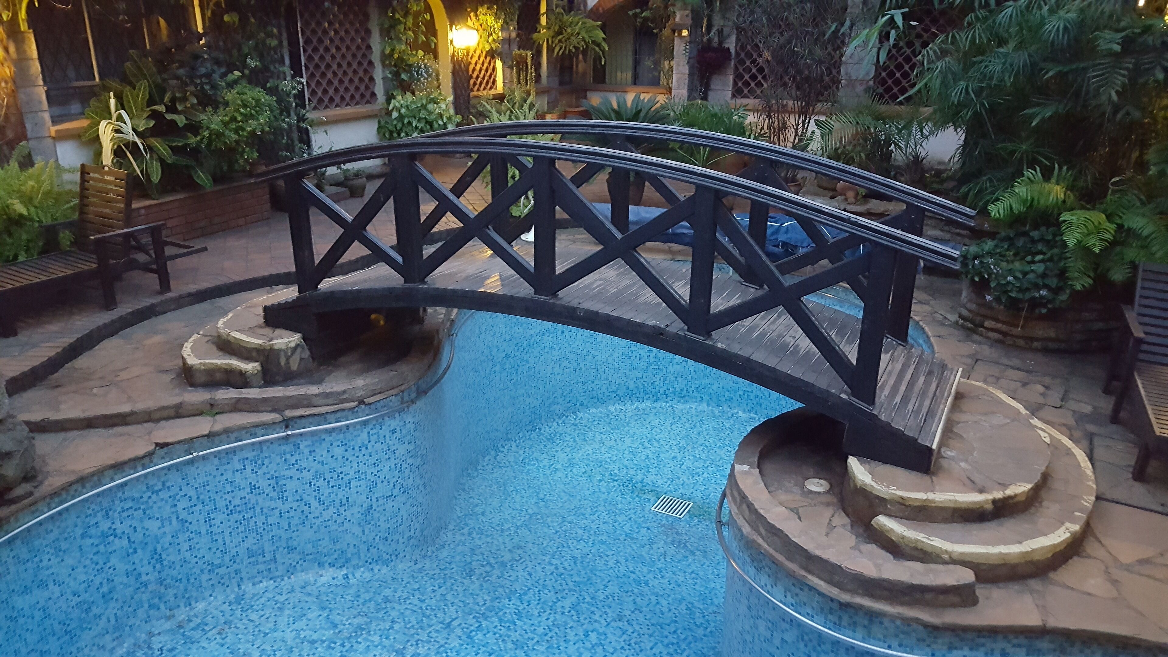 Piscina com uma ponte preta, rodeada por plantas em vasos e um deck de madeira.