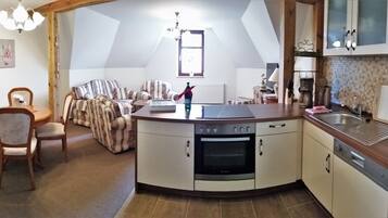 Family Apartment, 2 Bedrooms | Private kitchen | Fridge, stovetop, coffee/tea maker, electric kettle