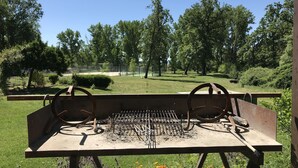 An outdoor grill setup with a metal grate and two metal handles, surrounded by greenery and flowers.