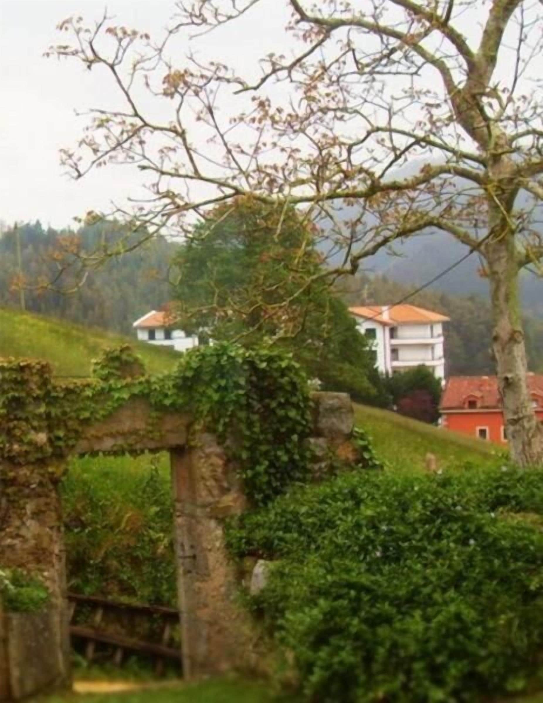 Entorno rural con muro de piedra, abundante vegetación y un edificio de techo rojo.