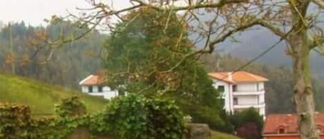 A rural setting with a stone wall, lush greenery, and a building with a red roof.