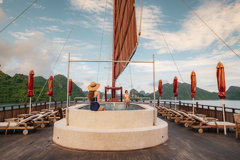 Heritage Line I Refined Waterway Voyages [Guest Lounge at Tuan Chau Marina, Halong Bay] by null