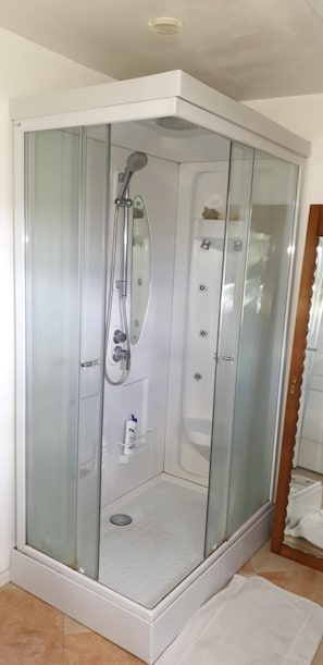 Combined shower/tub, deep soaking tub, free toiletries, hair dryer