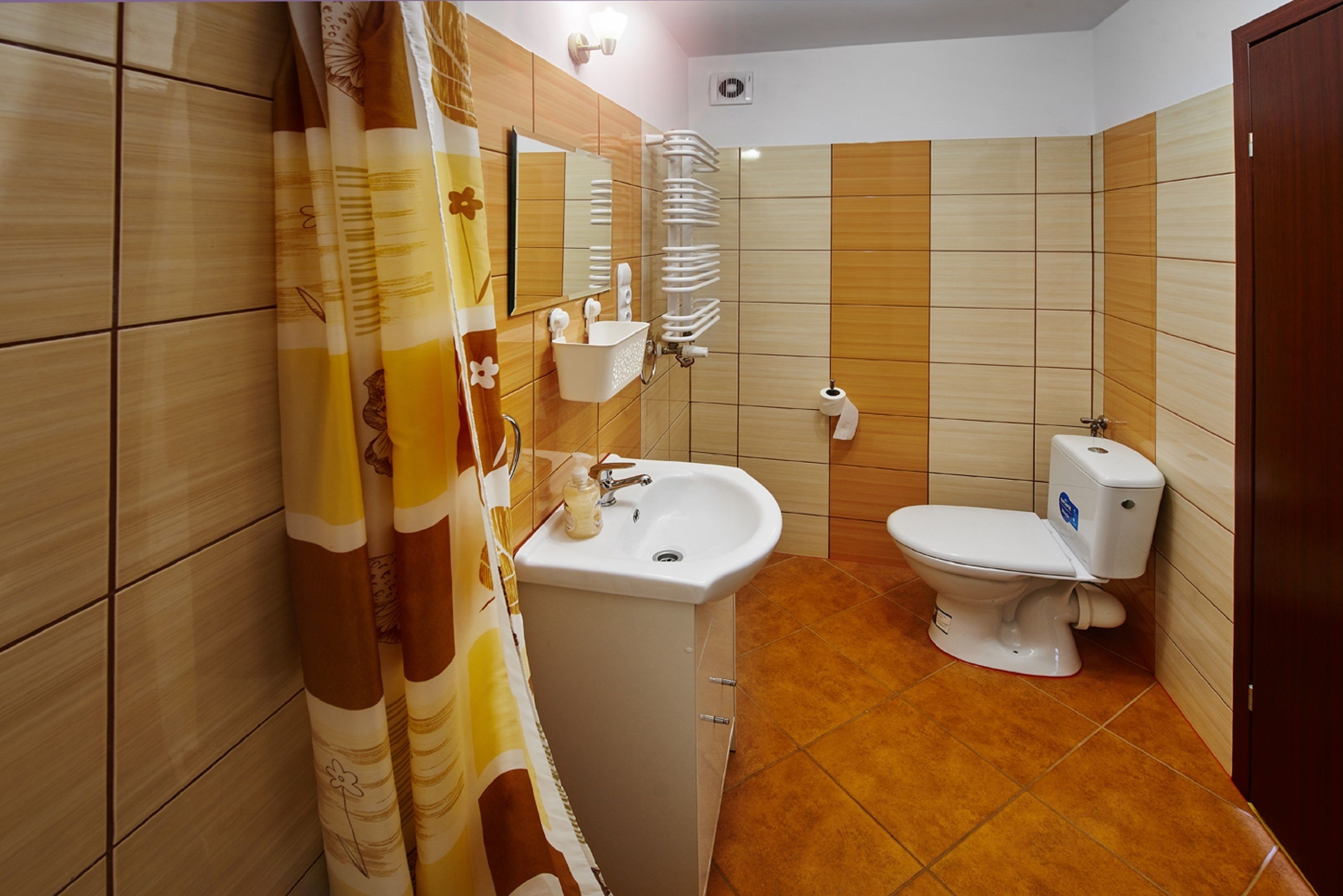 A bathroom with a sink, toilet, and shower curtain.