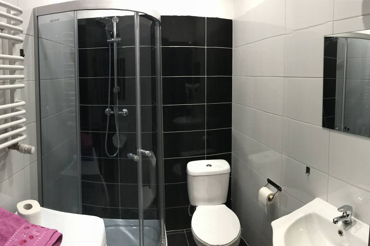 Une salle de bain avec une douche à parois de verre, des toilettes blanches, un lavabo et un porte-serviettes avec une serviette rose.
