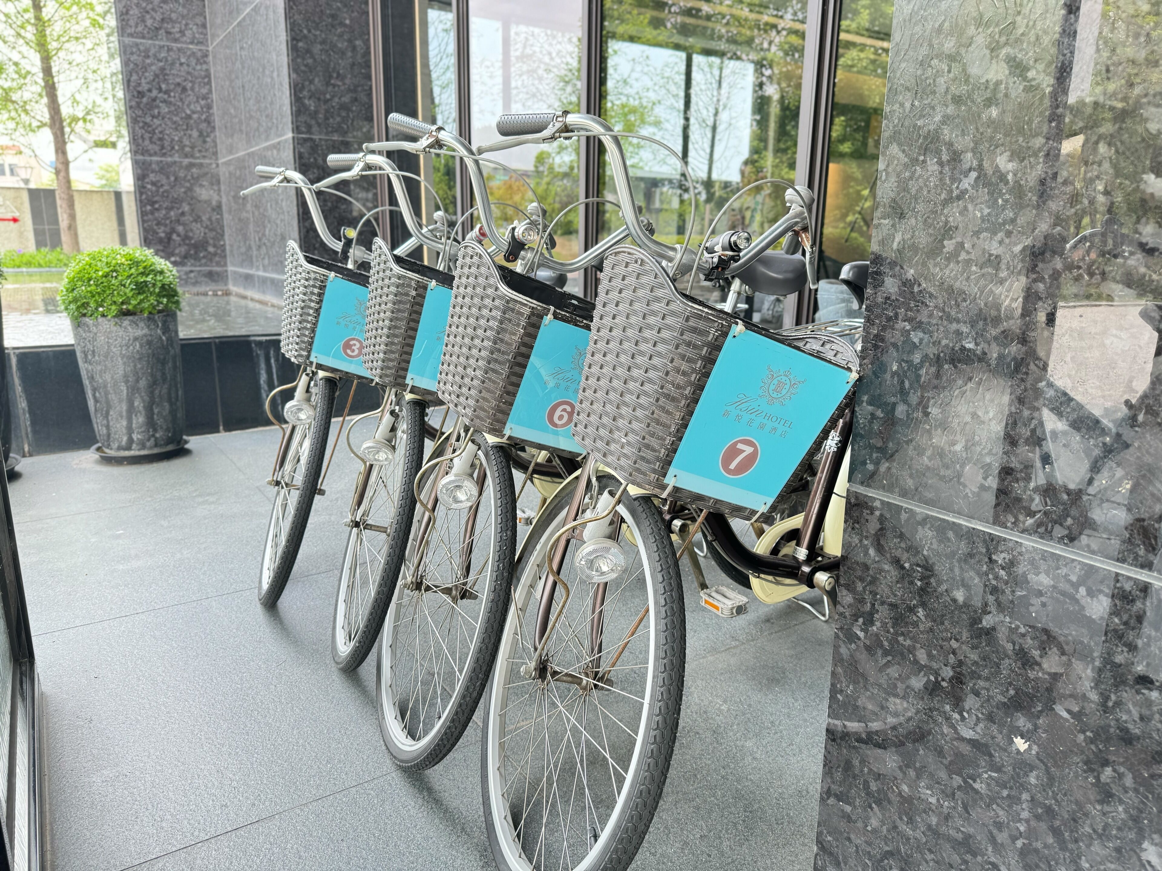 A row of bicycles with numbered rental tags, a potted plant, and a building entrance.