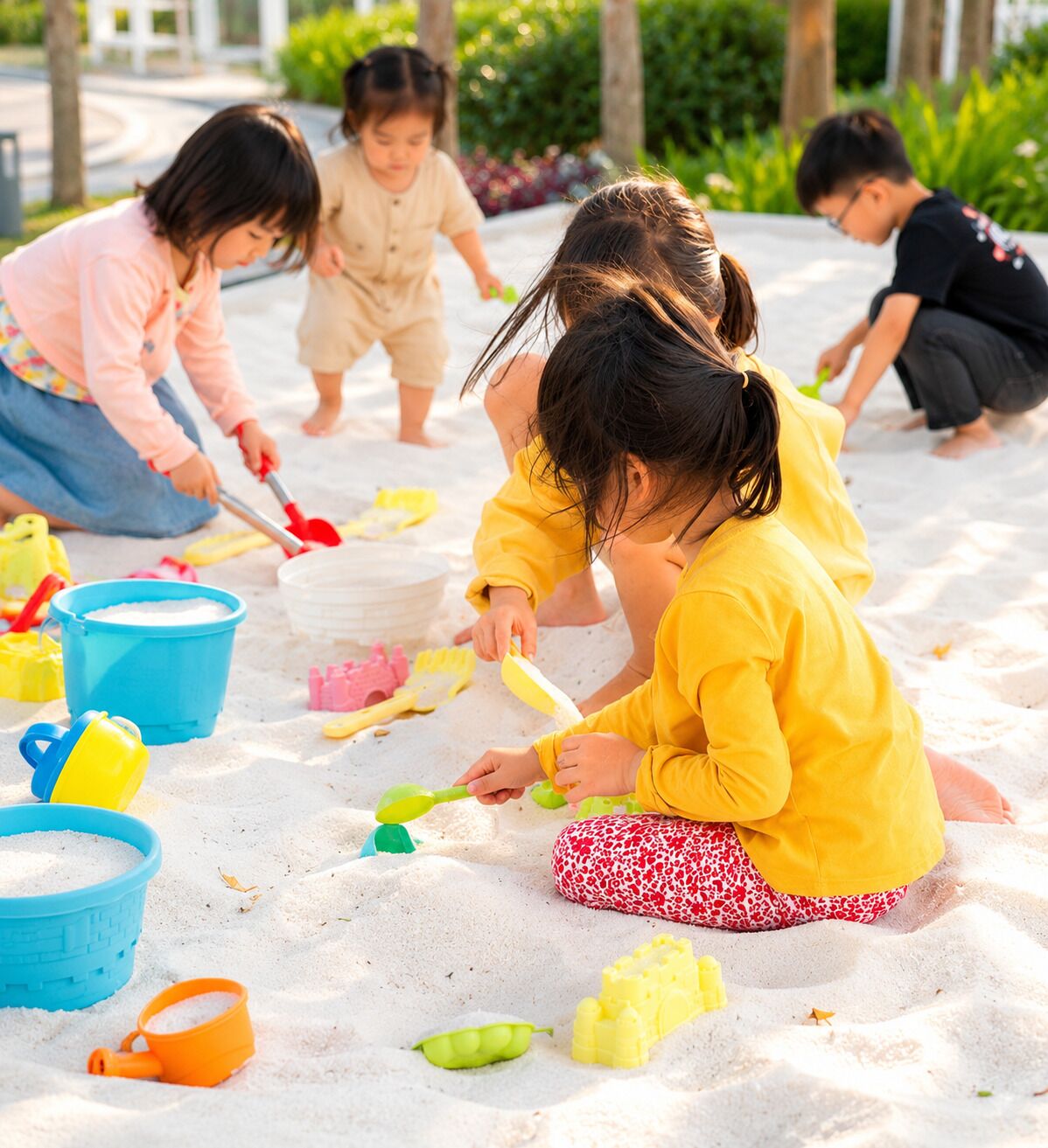 Children playing in sand with buckets and toys.