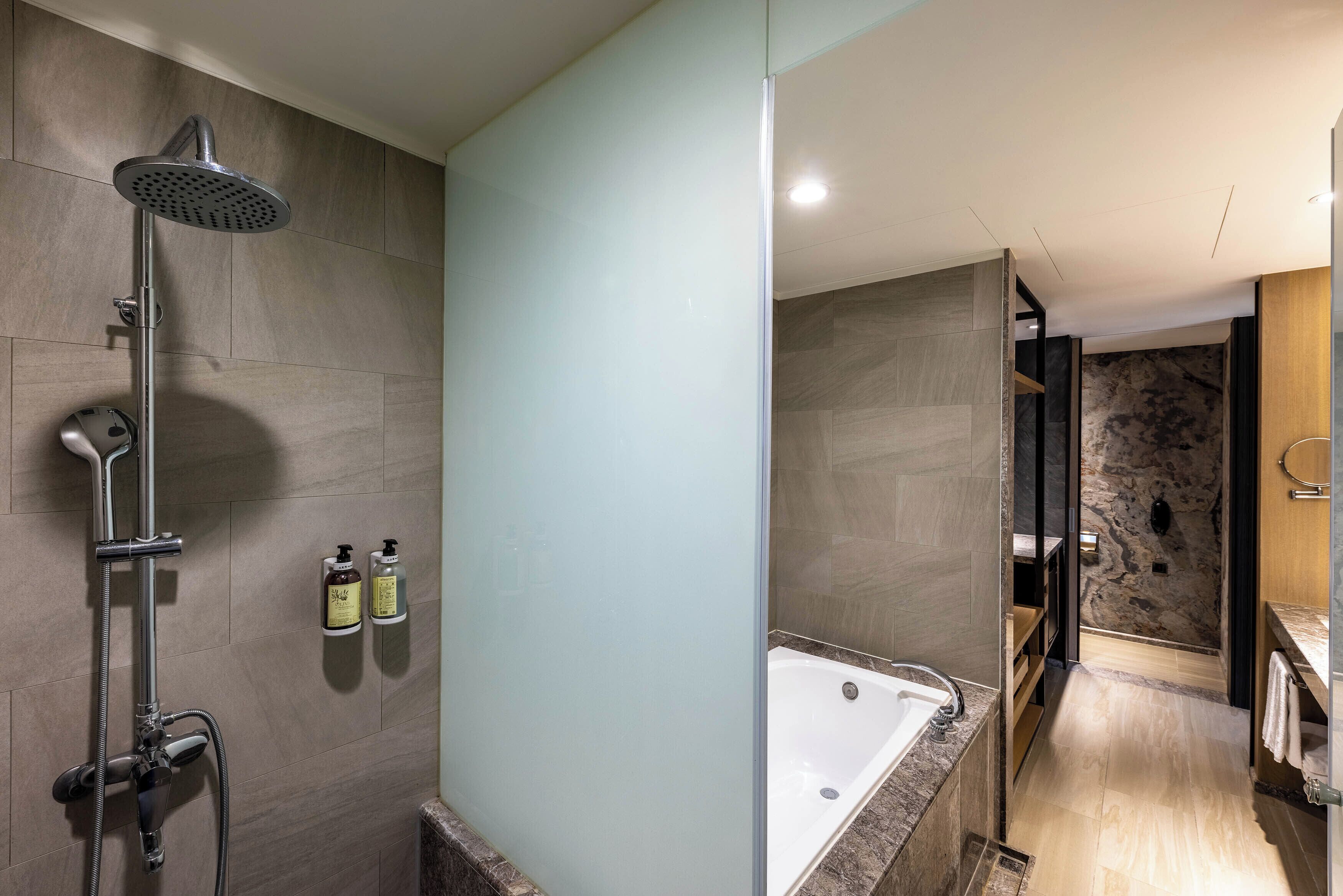 A modern bathroom with a shower, a bathtub, and a vanity.