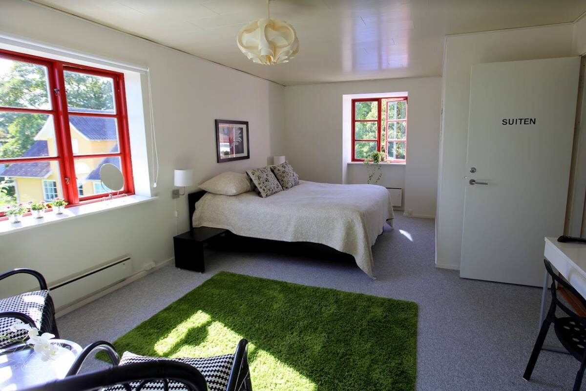 A bedroom with a bed, a desk, a chair, a TV, and two windows with red frames.