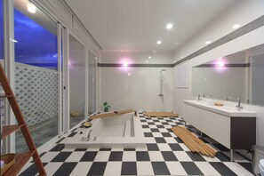 Signature Quadruple Room, Poolside | Bathroom | Free toiletries, hair dryer, slippers, towels