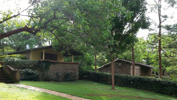 A building with a stone facade, a small garden with a pathway, and a tree in the foreground. - Savage Wilderness - Hostel (Sagana)