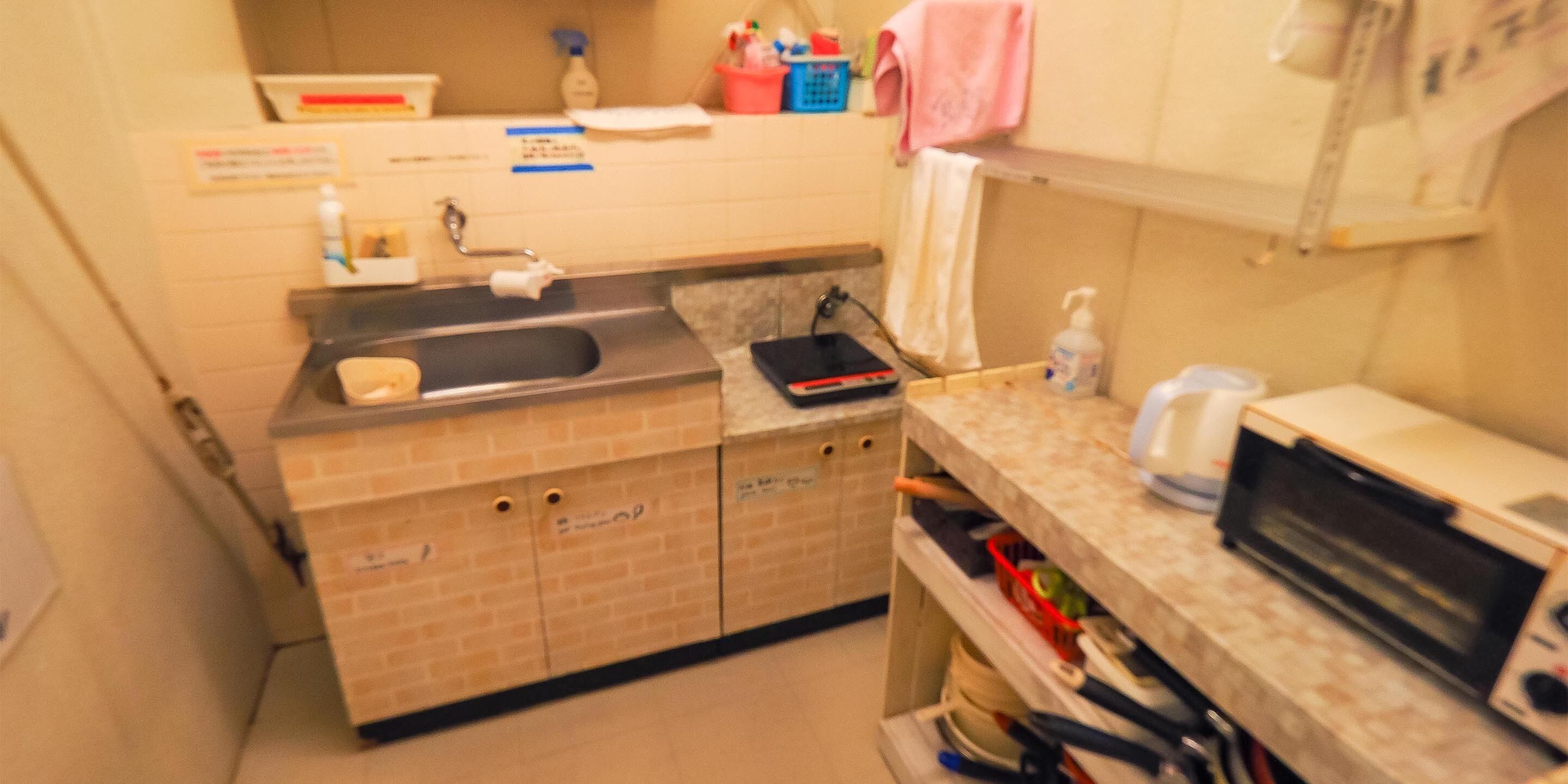 Una cocina compacta con un lavamanos, un tostador y un microondas.