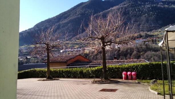 Une cour pavée avec deux arbres, un bâtiment doté d’un toit rouge et une chaîne de montagnes en arrière-plan.