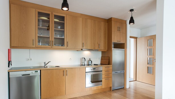A modern kitchen with wooden cabinets, stainless steel appliances, and a dishwasher. - Mengi Apartments (Reykjavik)