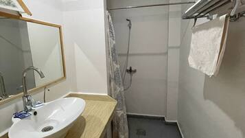 Un baño pequeño con lavamanos, espejo, ducha y toallero.
