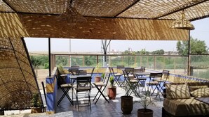 Un área al aire libre con mesas, sillas, un sofá y plantas en macetas.