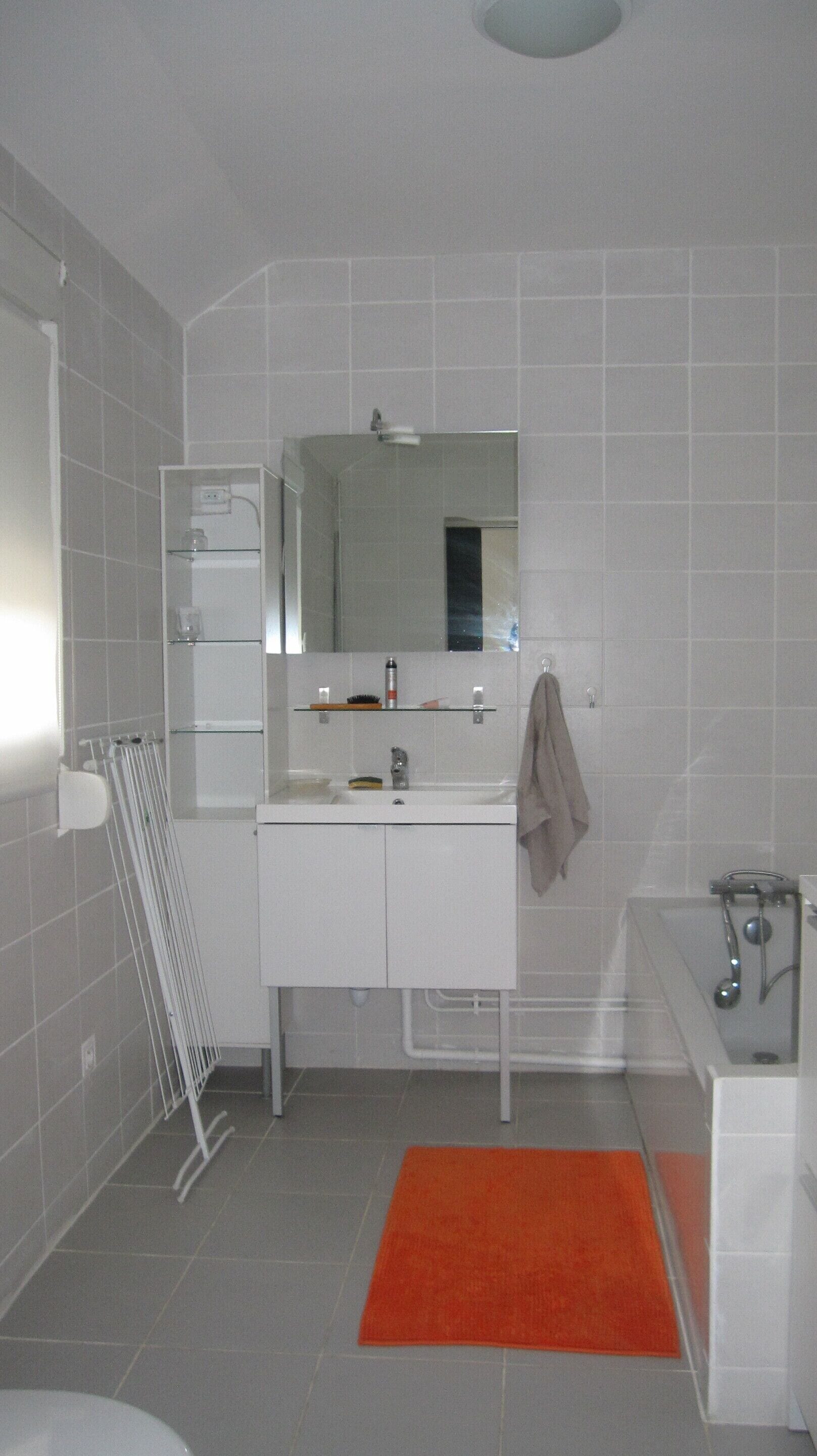 A modern bathroom with a white vanity, a glass shower enclosure, and an orange rug.