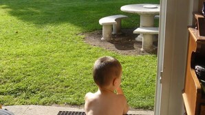 A child looking out from a window at a backyard with a lawn, a stone table, and a small garden. - La Coutrotte Becquine (Heuilley-sur-Saone)
