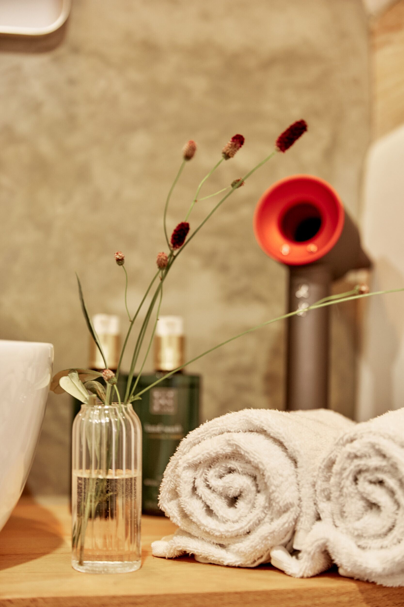 design studio | bathroom | shower, designer toiletries, hair dryer, towels