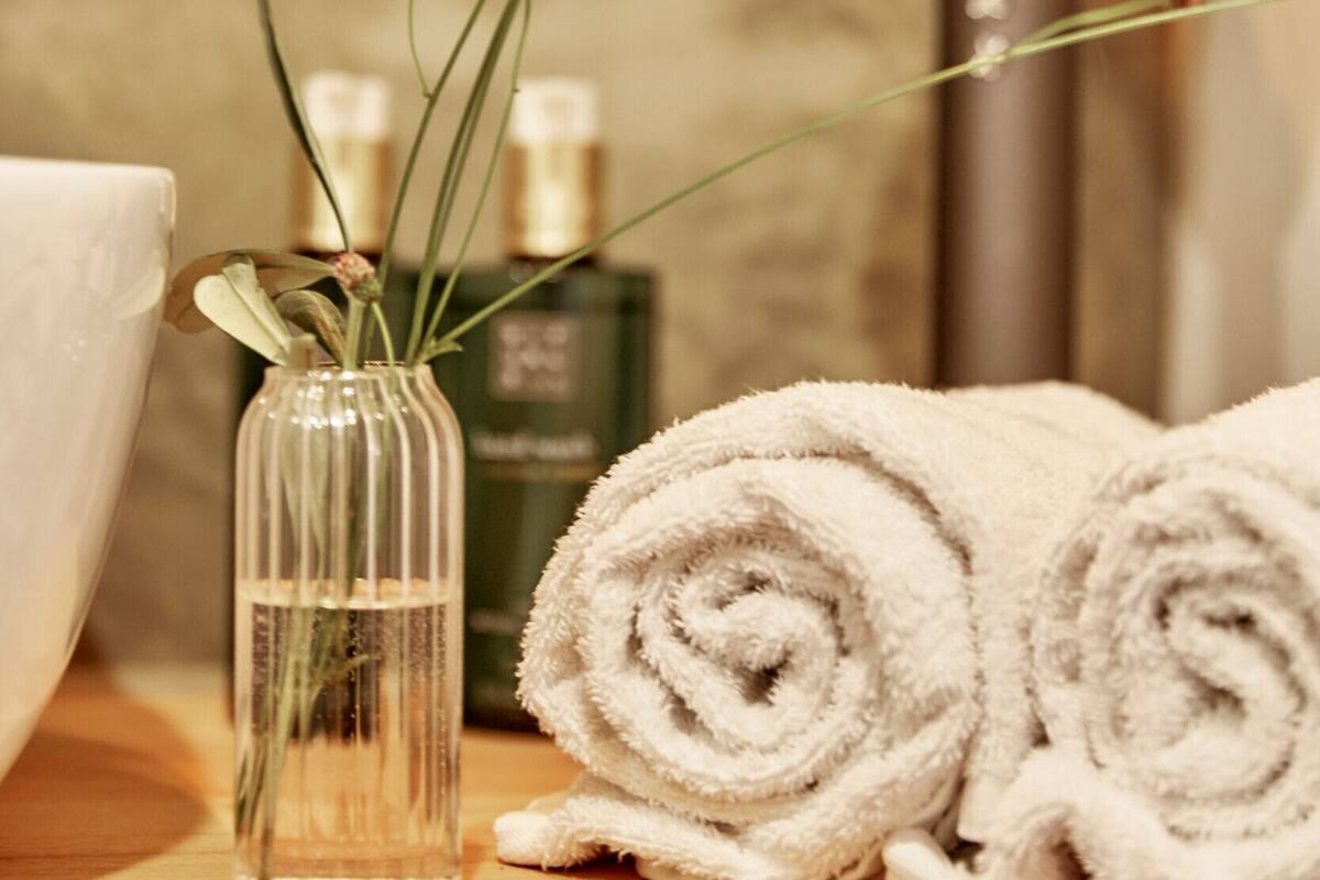 design studio | bathroom | shower, designer toiletries, hair dryer, towels