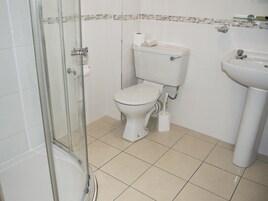 Un baño con cabina de ducha de vidrio, inodoro y lavamanos.