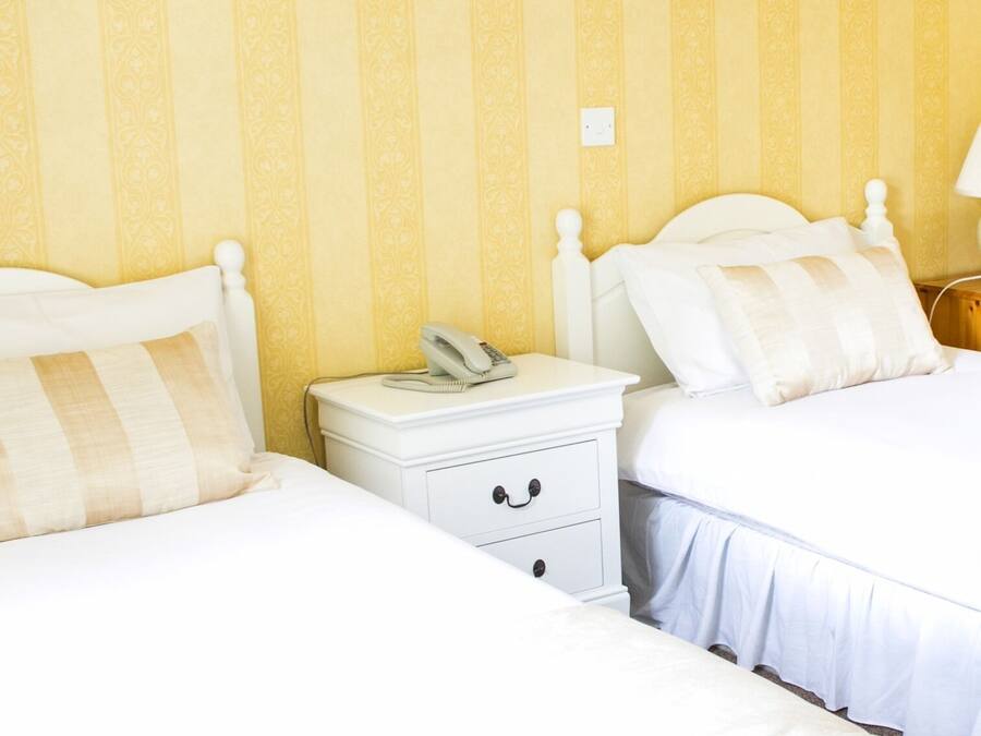 Habitació d'hotel amb dos llits, una tauleta de nit amb telèfon i una paret amb un disseny estampat.