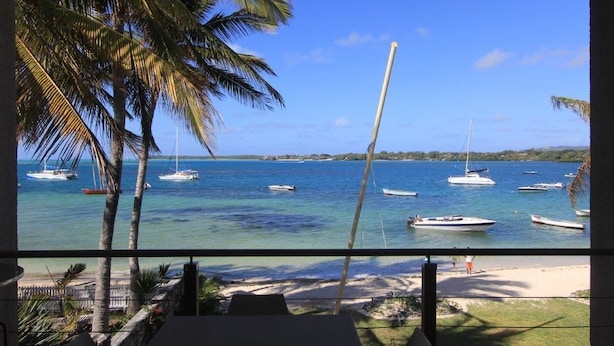 Vista de uma praia com vários barcos ancorados, palmeiras e céu claro.