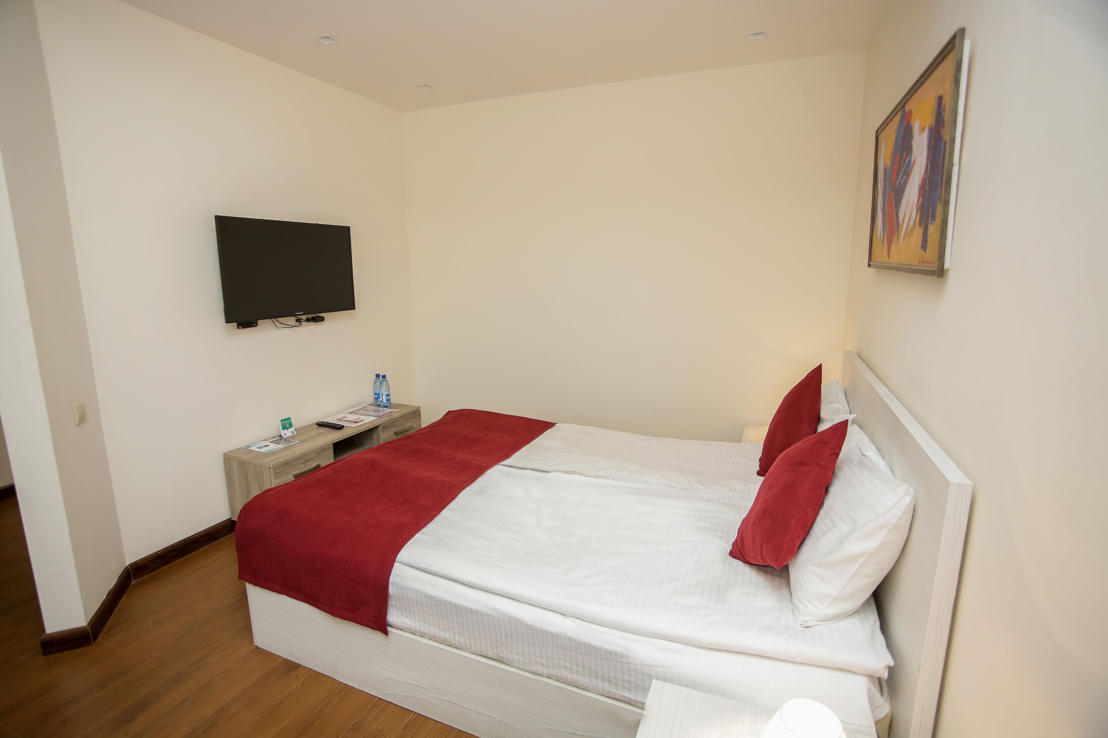 Een hotelkamer met een bed, een flatscreen televisie aan de muur, een nachtkastje met een fles water en een schilderij.