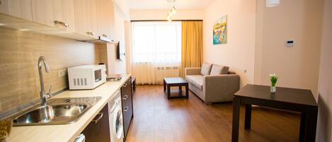 A compact living space with a kitchenette, a sofa, a dining table, and a large window with curtains.